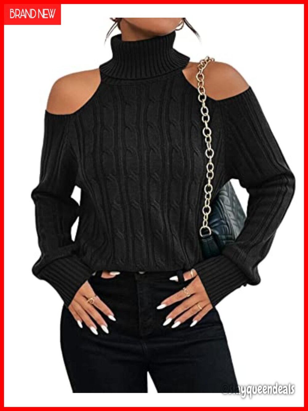 Womens Cold Shoulder Turtleneck Cable Knit Sweater Pullover